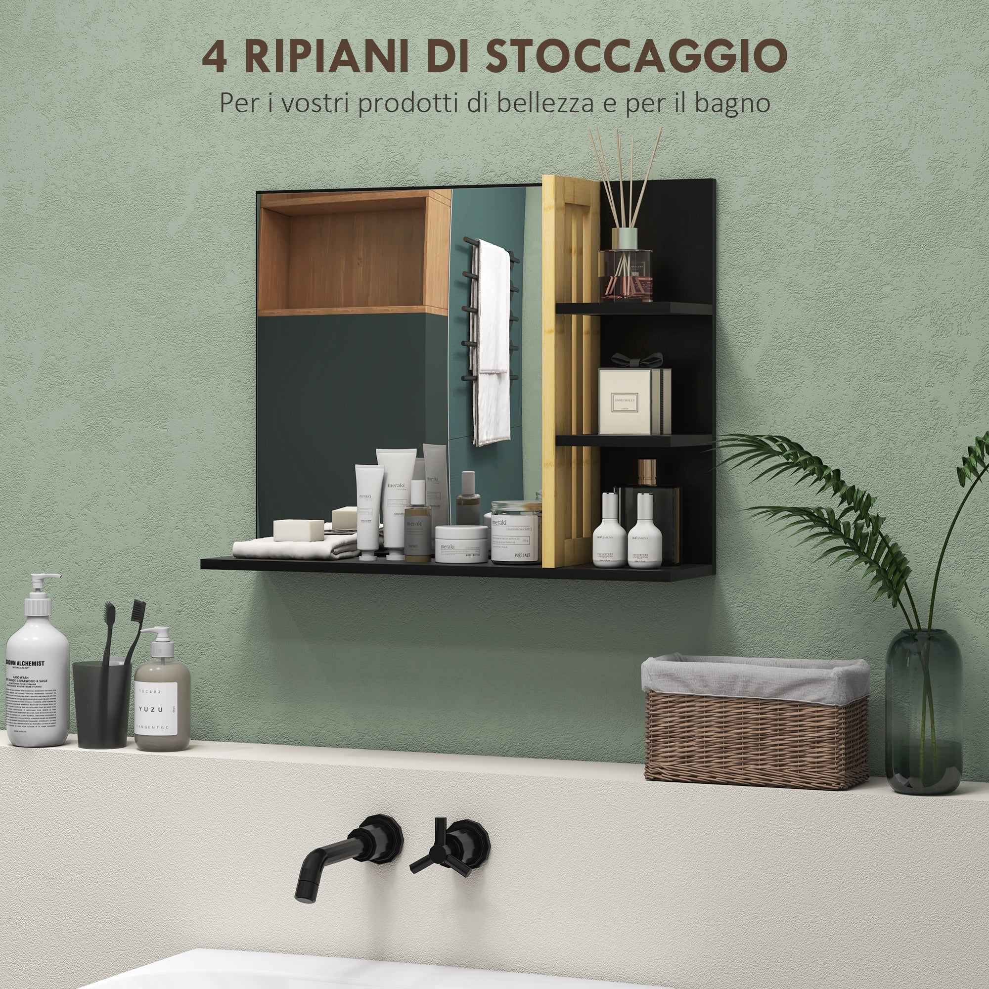 Specchiera Bagno Moderna da Parete a 4 Ripiani 45x15x58,5 cm in Legno Nero