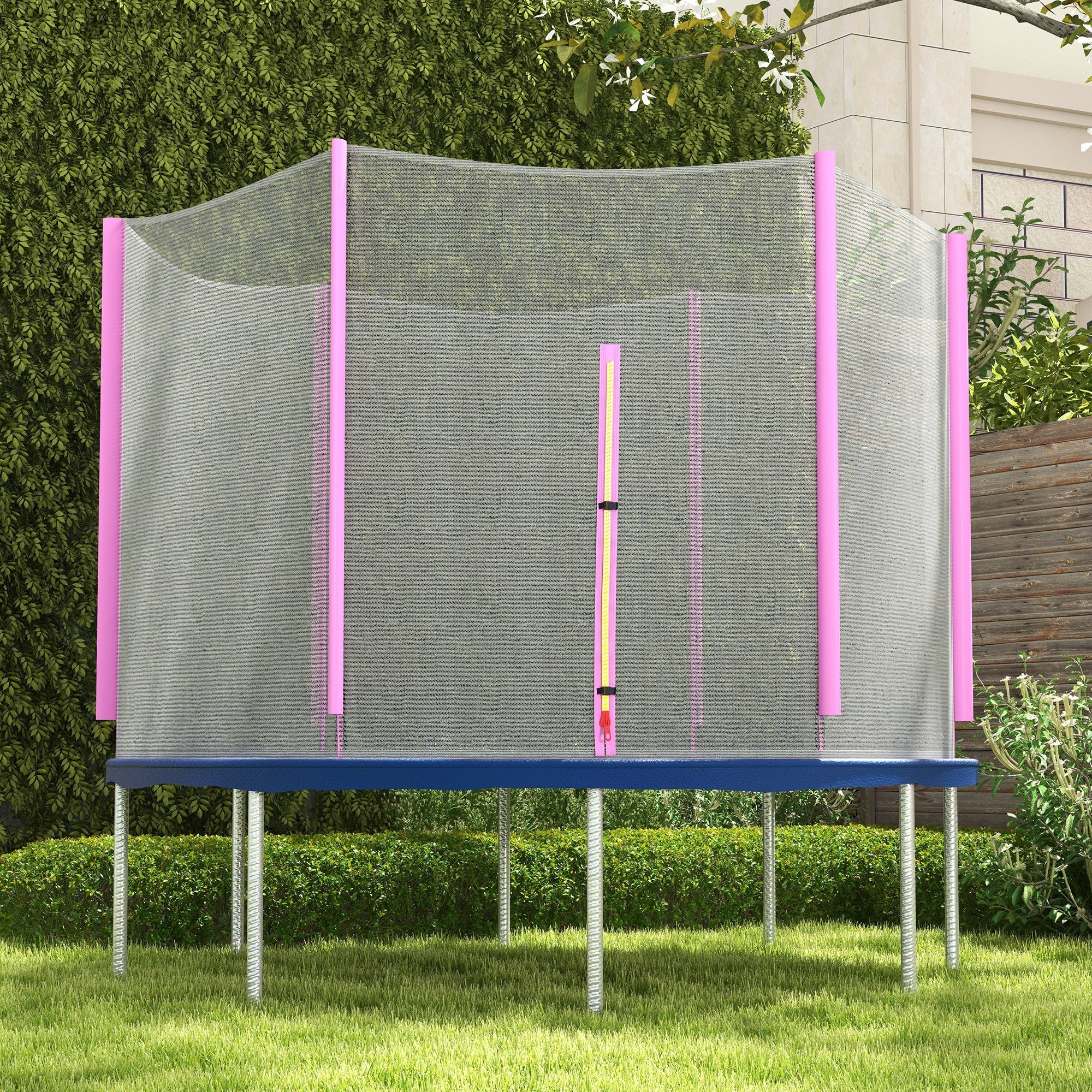 Rete di Protezione per Trampolini a 6 Pali con Ingresso con Cerniera Ø305x180 cm in PE Nero e Rosa