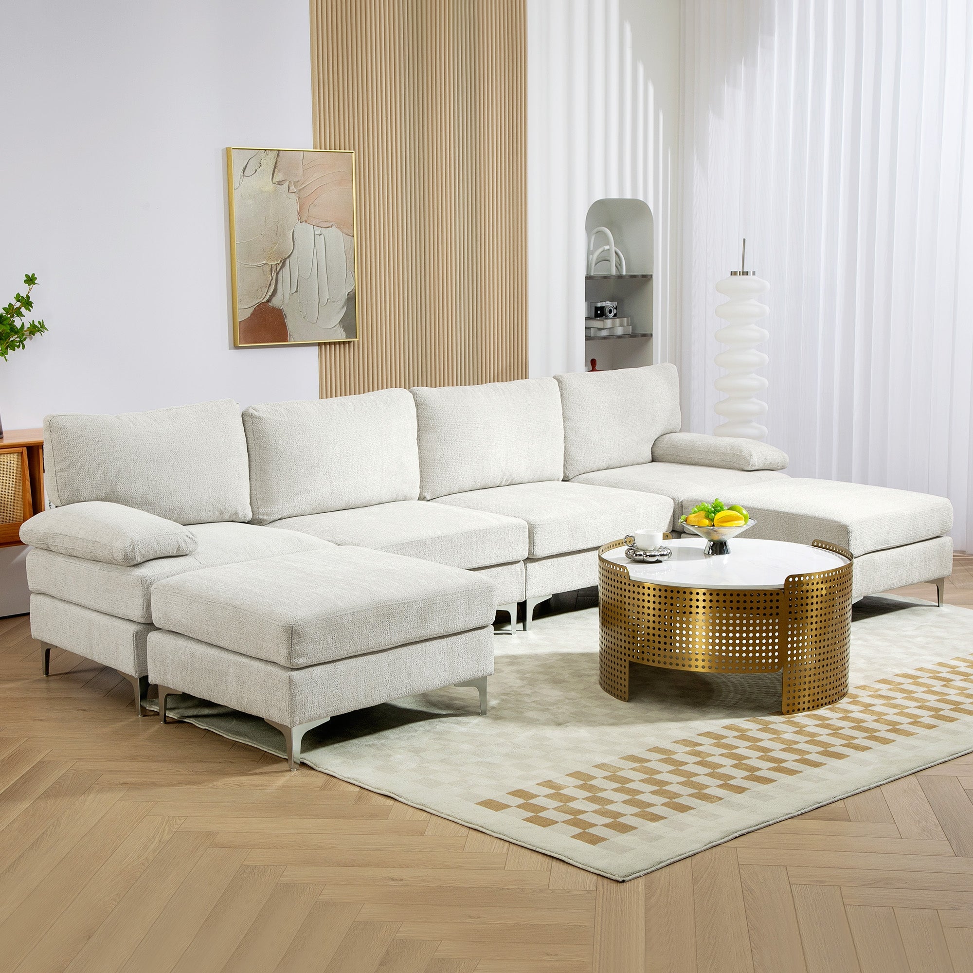 Divano 4 Posti Componibile Modulare 313x149x88 cm in Tessuto effetto Ciniglia Bianco Crema