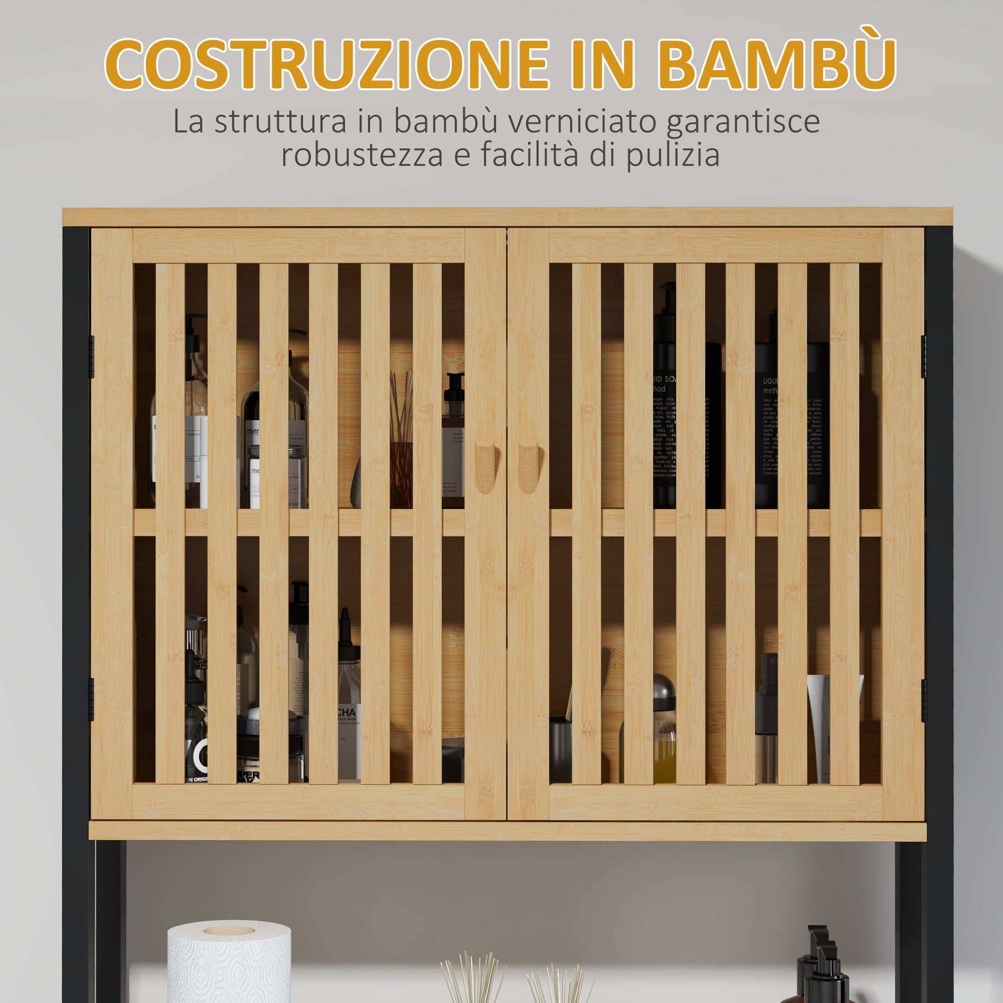 Mobile Sopra WC con Armadietto 2 Ante a Doghe e Ripiano Aperto 60x21,5x172 cm in Bambù e MDF Legno Naturale e Nero