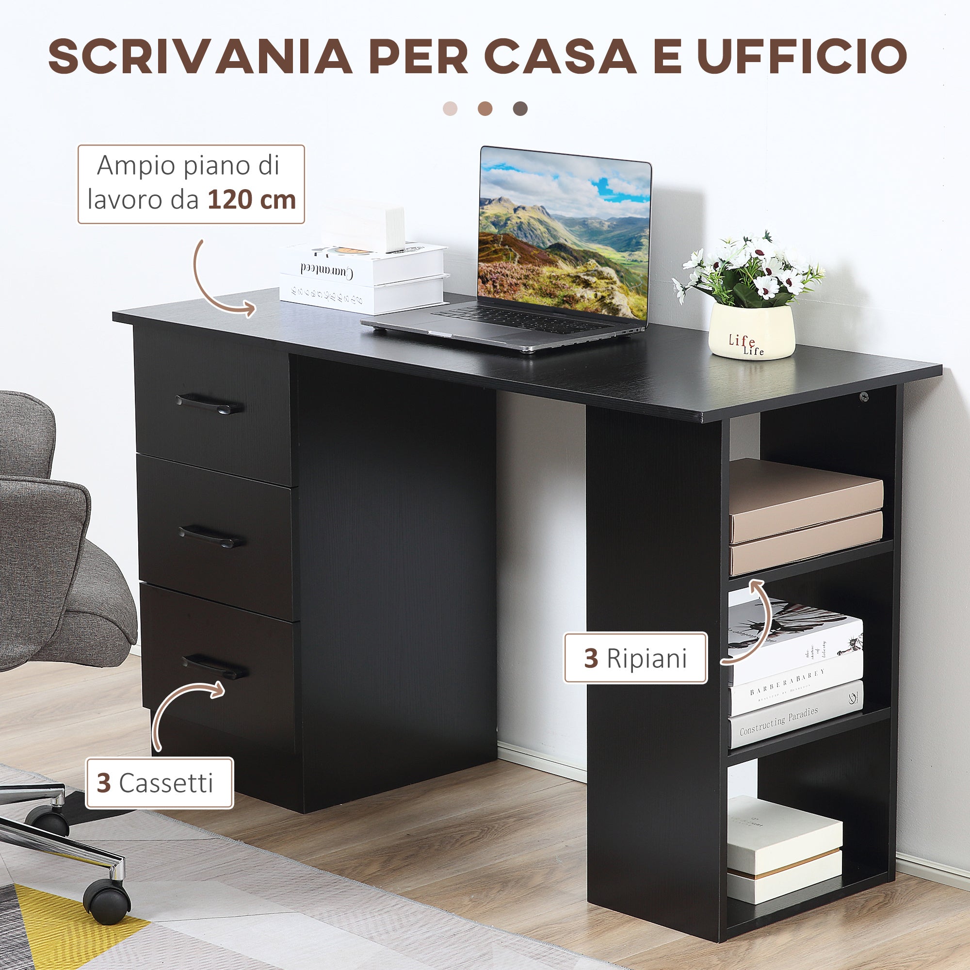 Scrivania Moderna con 3 Cassetti e 3 Ripiani per Camera e Ufficio 120x49x72 cm in Legno Nero