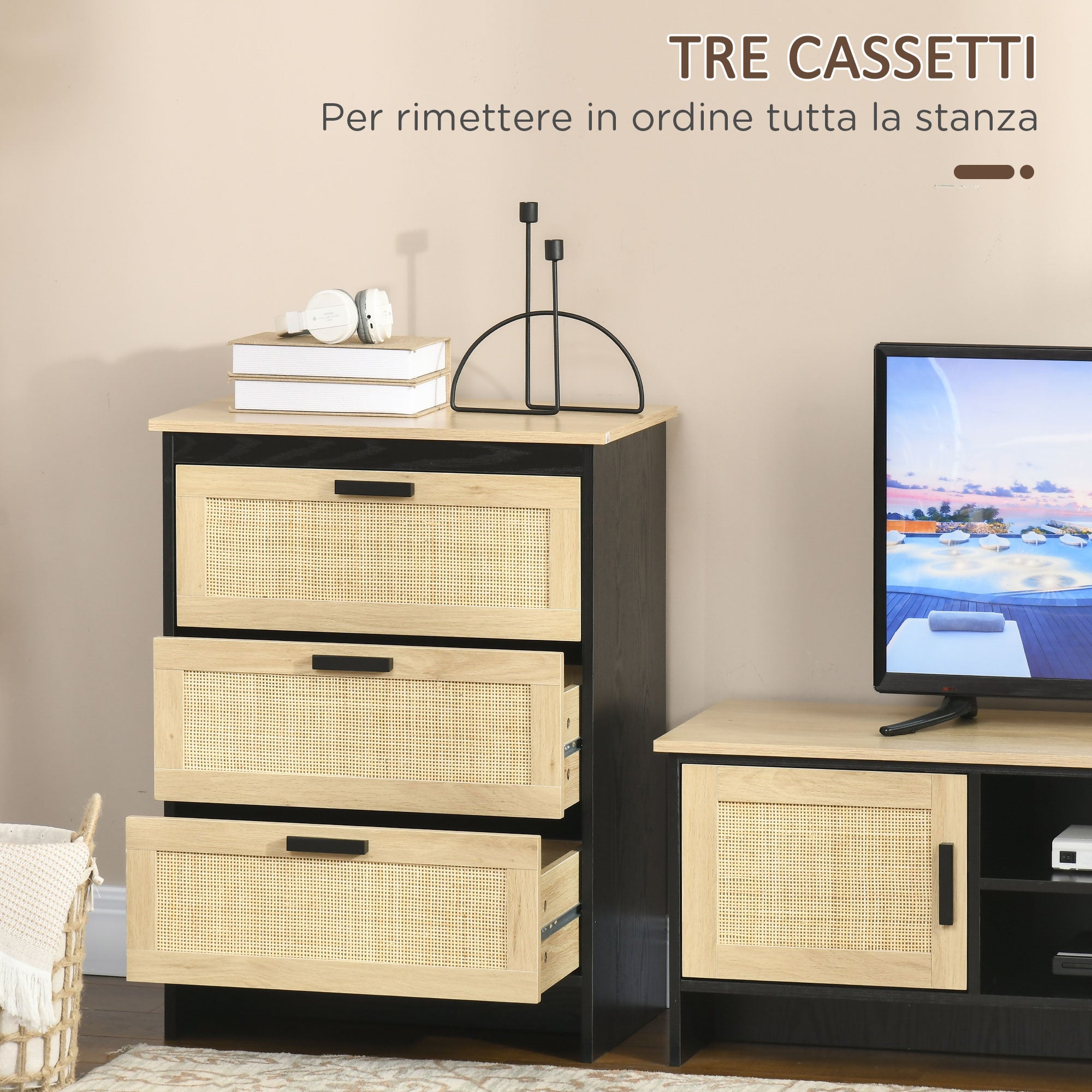 Cassettiera 3 Cassetti 60x40x80 cm in Truciolato e Rattan Nero e Color Legno