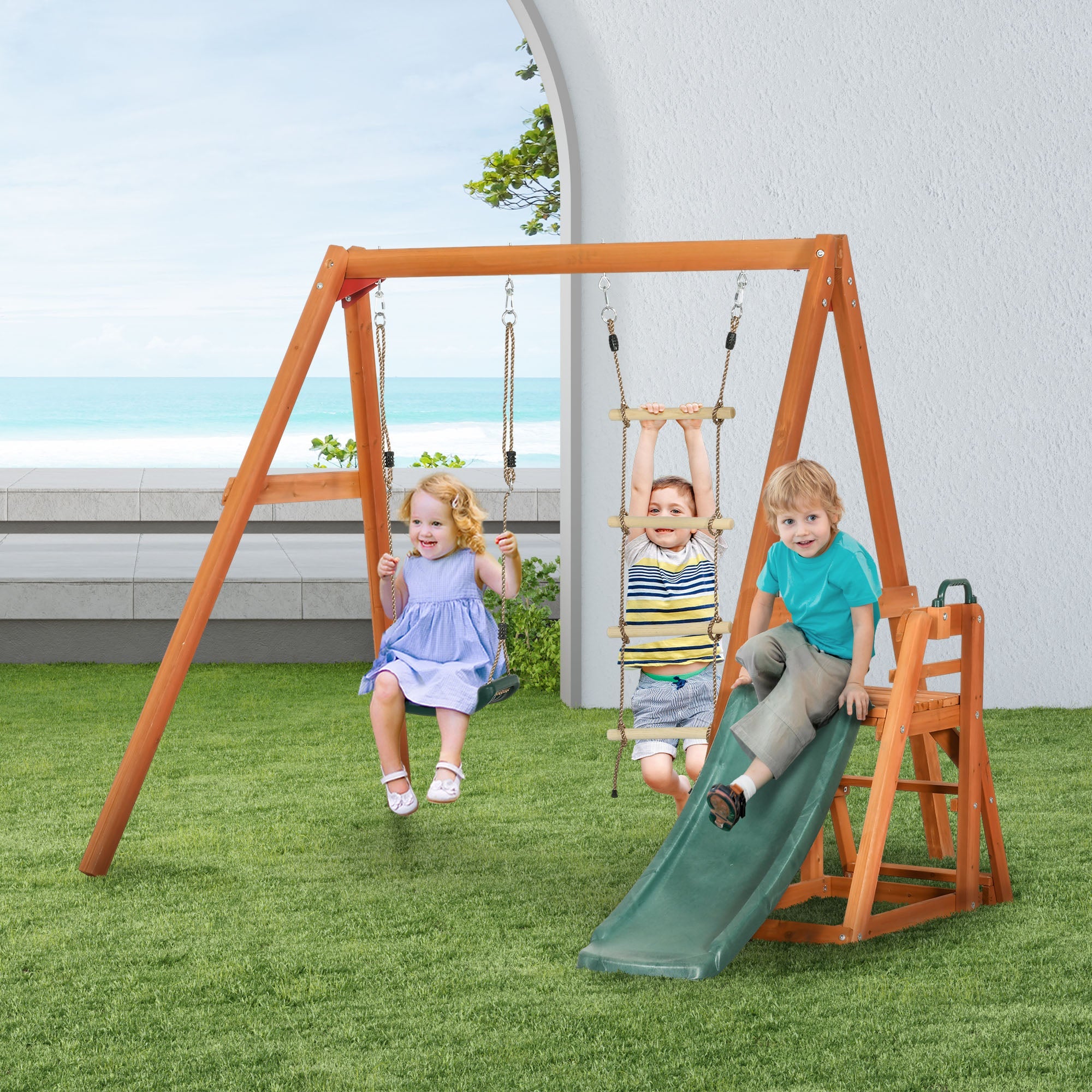 Set con Scivolo Altalena da Giardino e Scaletta a Corda per Bambini 261x269x228 cm in Legno