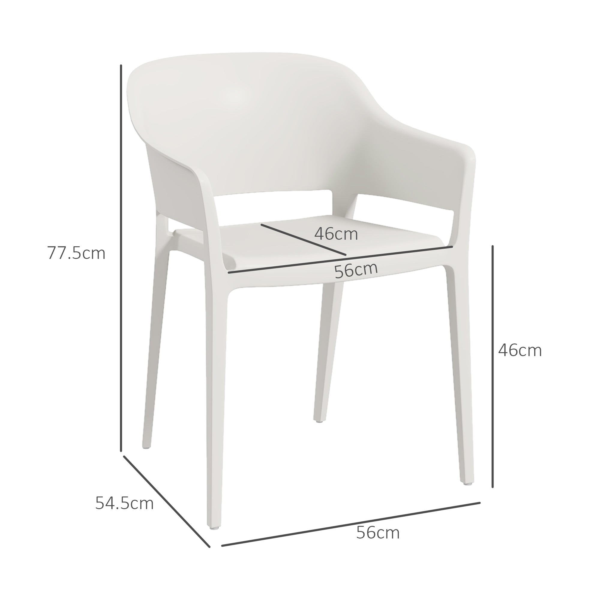 Set 4 Sedie da Giardino  Impilabili con Braccioli e Schienale Alto 56x54,5x77,5 cm in Plastica Bianco