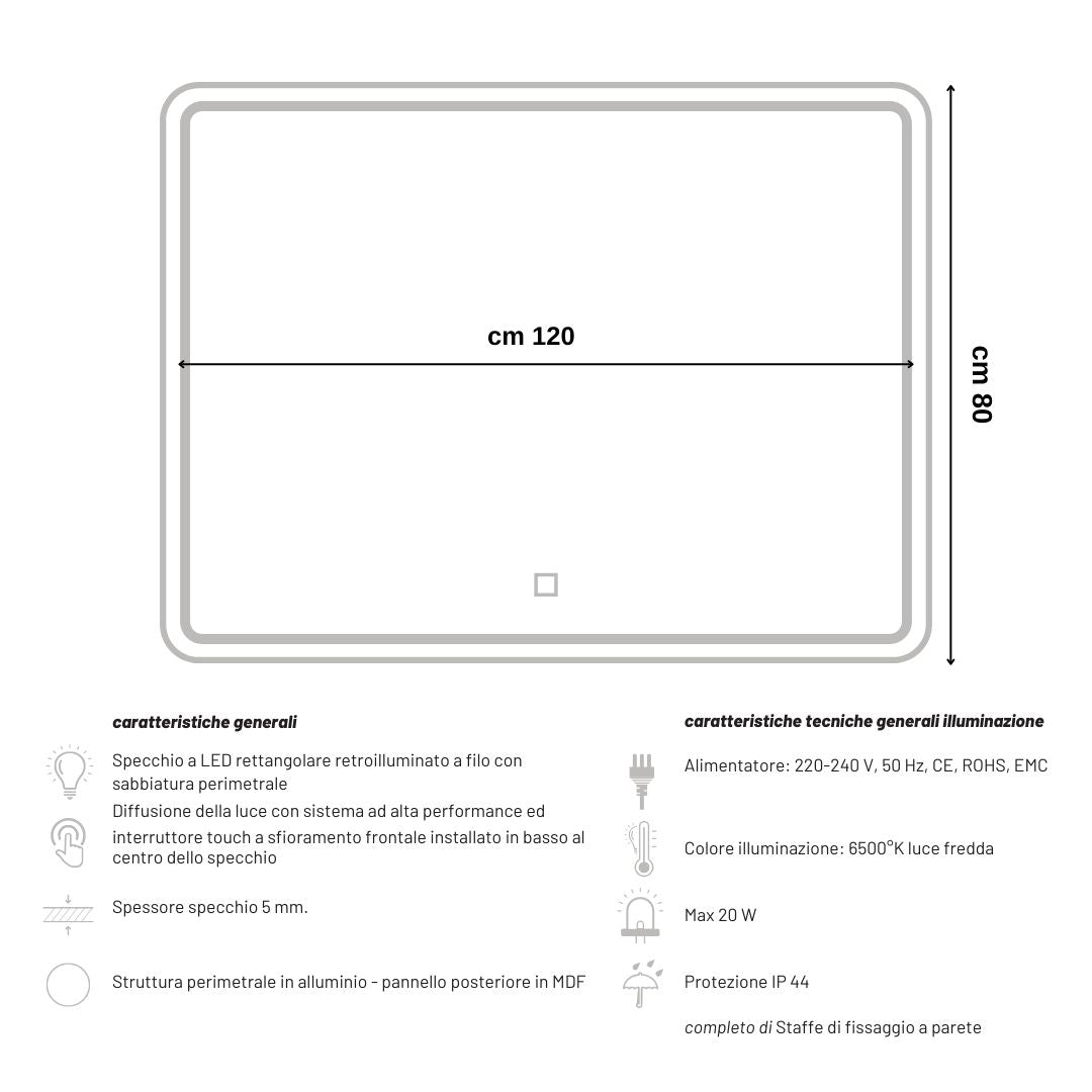 Ogomondo specchio 5mm rettangolare smussato doppia cornice led interruttoretouch *** misure 120x80 cm, tonalità dimm...