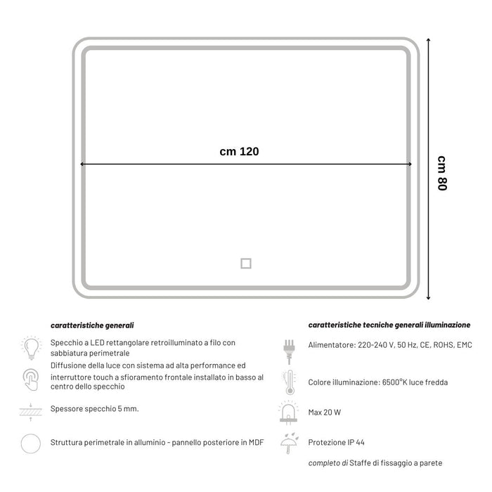 Ogomondo specchio 5mm rettangolare smussato doppia cornice led interruttoretouch *** misure 120x80 cm, tonalità dimm...