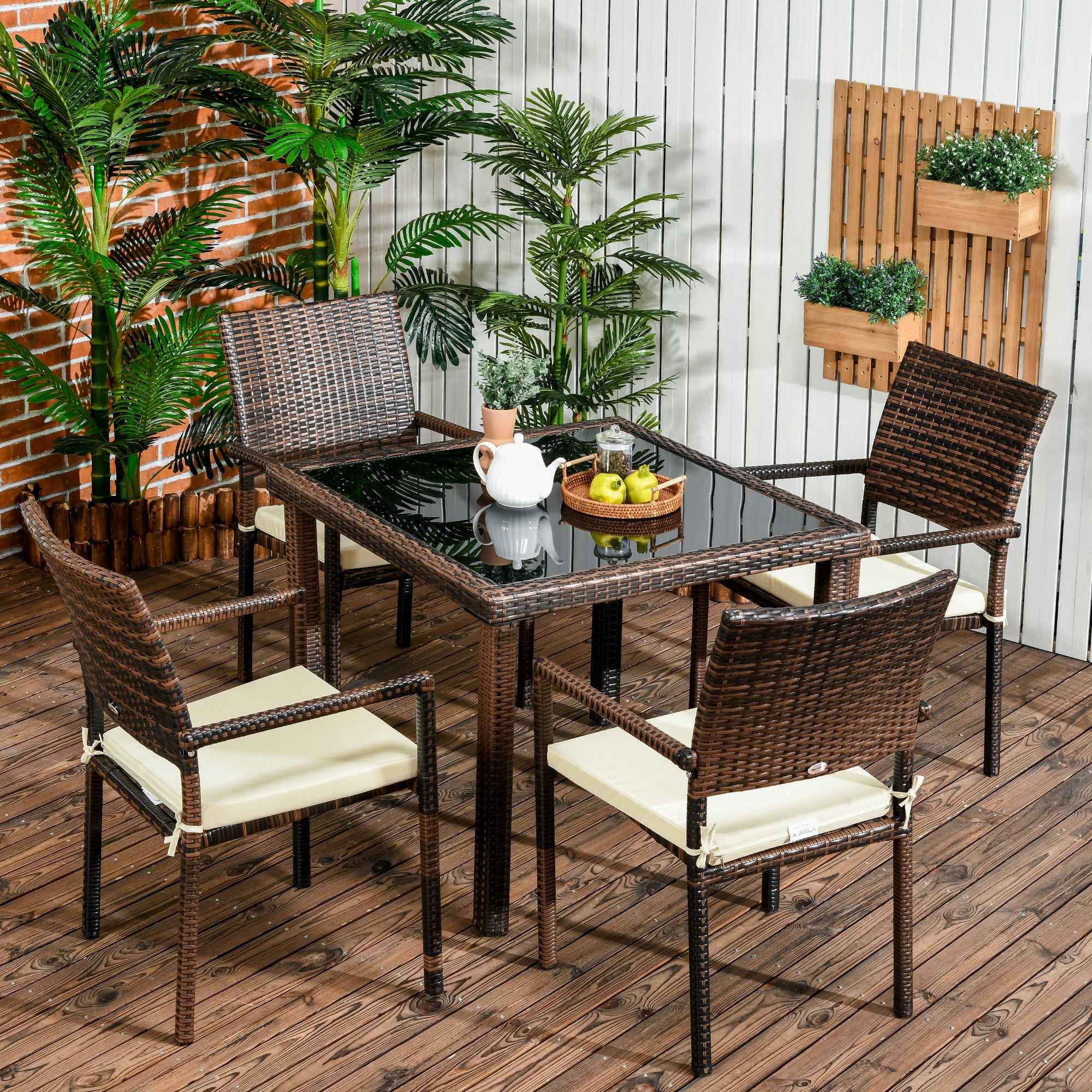 Set Tavolo e 4 Sedie da Giardino in Rattan PE Marrone