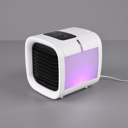 Icecube - Ventilatore e nebulizzatore da tavolo con display touch screen e LED sostituibile che cambia colore. Ventilatore da appoggio ricaricabile tramite USB. 16,5x17,2x17,5 cm