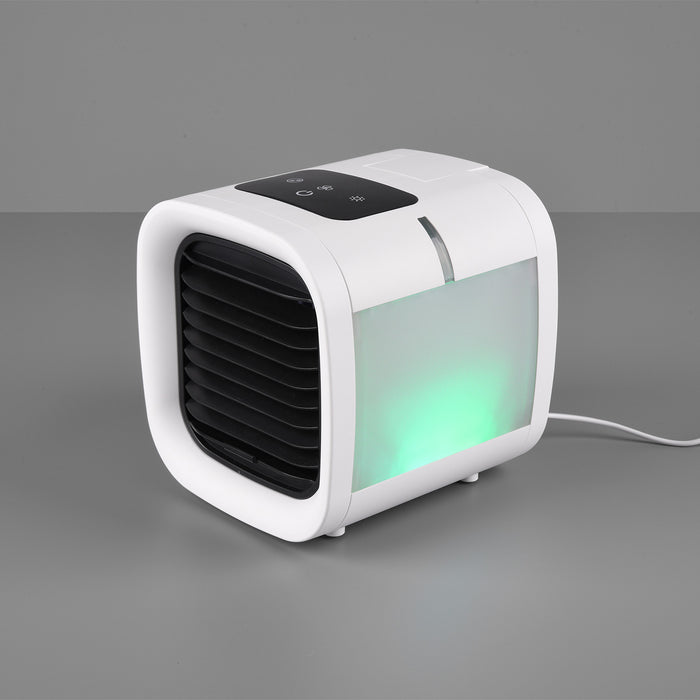 Icecube - Ventilatore e nebulizzatore da tavolo con display touch screen e LED sostituibile che cambia colore. Ventilatore da appoggio ricaricabile tramite USB. 16,5x17,2x17,5 cm