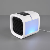 Icecube - Ventilatore e nebulizzatore da tavolo con display touch screen e LED sostituibile che cambia colore. Ventilatore da appoggio ricaricabile tramite USB. 16,5x17,2x17,5 cm