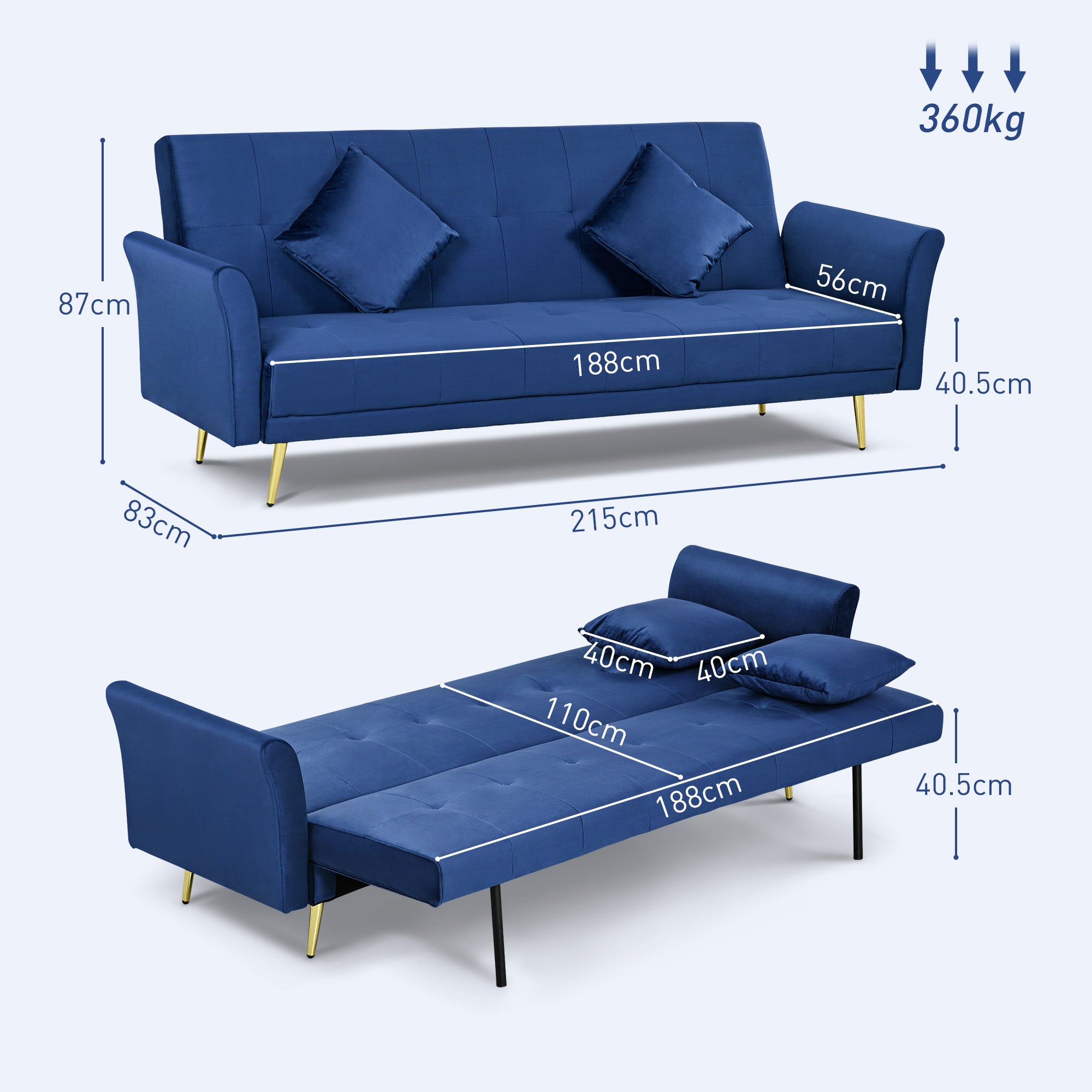 Divano Letto Singolo Clic Clac con Schienale Regolabile 215x83x87 cm in Tessuto Effetto Velluto con 2 Cuscini Blu