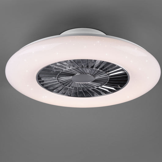 Visby - Ventilatore e plafoniera LED Ø60 cm con diffusore satinato, telecomando, dimmer, timer, luce notturna ed effetto stelle. Temperatura di colore infinitamente variabile (3000-6500K)