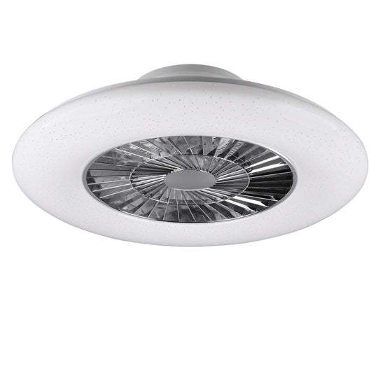 Visby - Ventilatore e plafoniera LED Ø60 cm con diffusore satinato, telecomando, dimmer, timer, luce notturna ed effetto stelle. Temperatura di colore infinitamente variabile (3000-6500K)