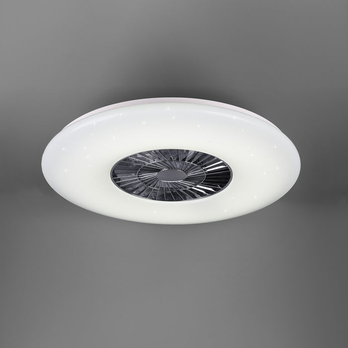 Visby - Ventilatore e plafoniera LED Ø75 cm con diffusore satinato, telecomando, dimmer, timer, luce notturna ed effetto stelle. Temperatura di colore infinitamente variabile (3000-6500K)