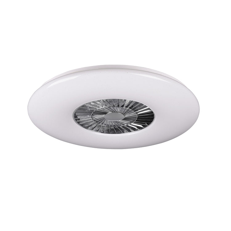 Visby - Ventilatore e plafoniera LED Ø75 cm con diffusore satinato, telecomando, dimmer, timer, luce notturna ed effetto stelle. Temperatura di colore infinitamente variabile (3000-6500K)