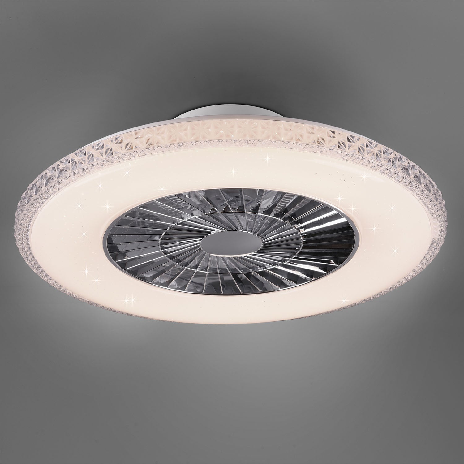 Harstad - Ventilatore e plafoniera LED Ø60 cm con bordo effetto cristallo, telecomando, dimmer, timer, luce notturna ed effetto stelle. 3000-6500K / 3000Lm /40W