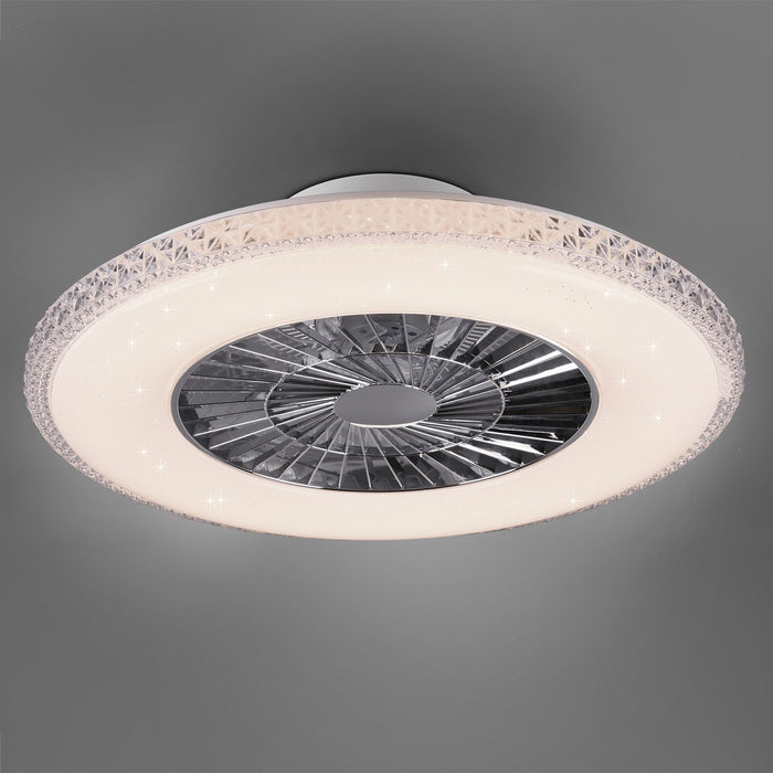 Harstad - Ventilatore e plafoniera LED Ø60 cm con bordo effetto cristallo, telecomando, dimmer, timer, luce notturna ed effetto stelle. 3000-6500K / 3000Lm /40W