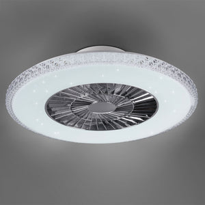 Harstad - Ventilatore e plafoniera LED Ø60 cm con bordo effetto cristallo, telecomando, dimmer, timer, luce notturna ed effetto stelle. 3000-6500K / 3000Lm /40W