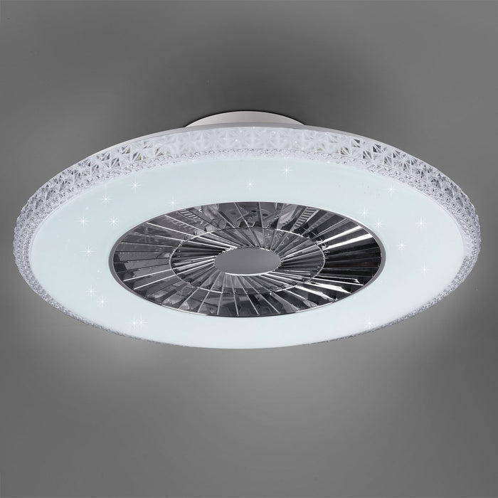 Harstad - Ventilatore e plafoniera LED Ø60 cm con bordo effetto cristallo, telecomando, dimmer, timer, luce notturna ed effetto stelle. 3000-6500K / 3000Lm /40W