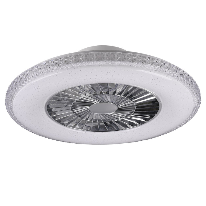 Harstad - Ventilatore e plafoniera LED Ø60 cm con bordo effetto cristallo, telecomando, dimmer, timer, luce notturna ed effetto stelle. 3000-6500K / 3000Lm /40W