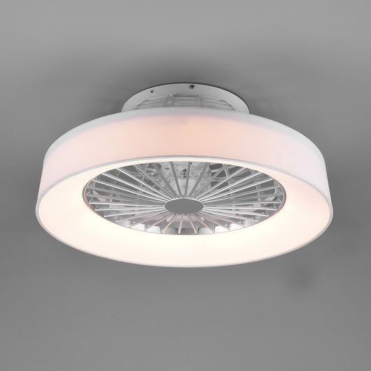 Faresund - Ventilatore e plafoniera LED Ø47 cm con bordo in tessuto bianco, telecomando, dimmer, timer, luce notturna ed effetto stelle. 3000-6500K / 3300Lm /26W