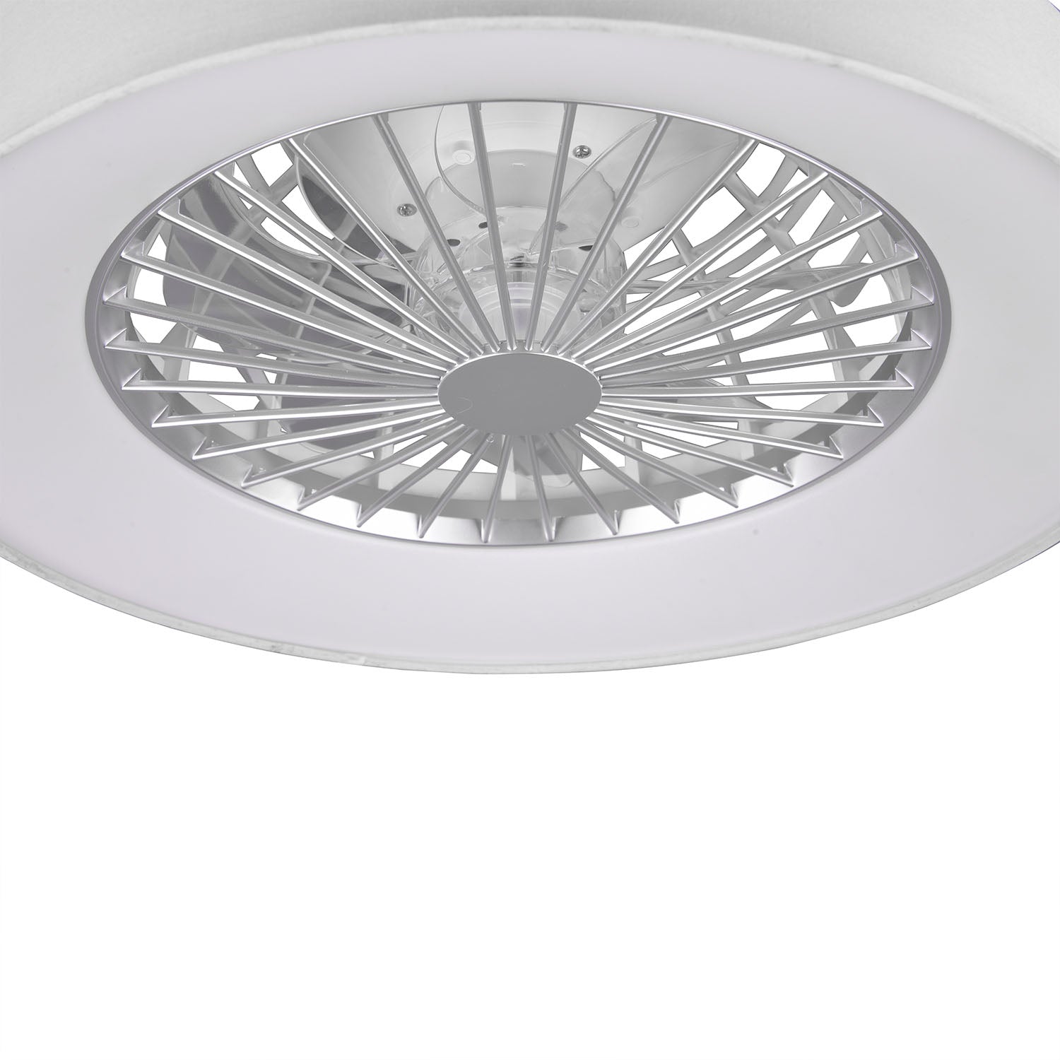 Faresund - Ventilatore e plafoniera LED Ø47 cm con bordo in tessuto bianco, telecomando, dimmer, timer, luce notturna ed effetto stelle. 3000-6500K / 3300Lm /26W