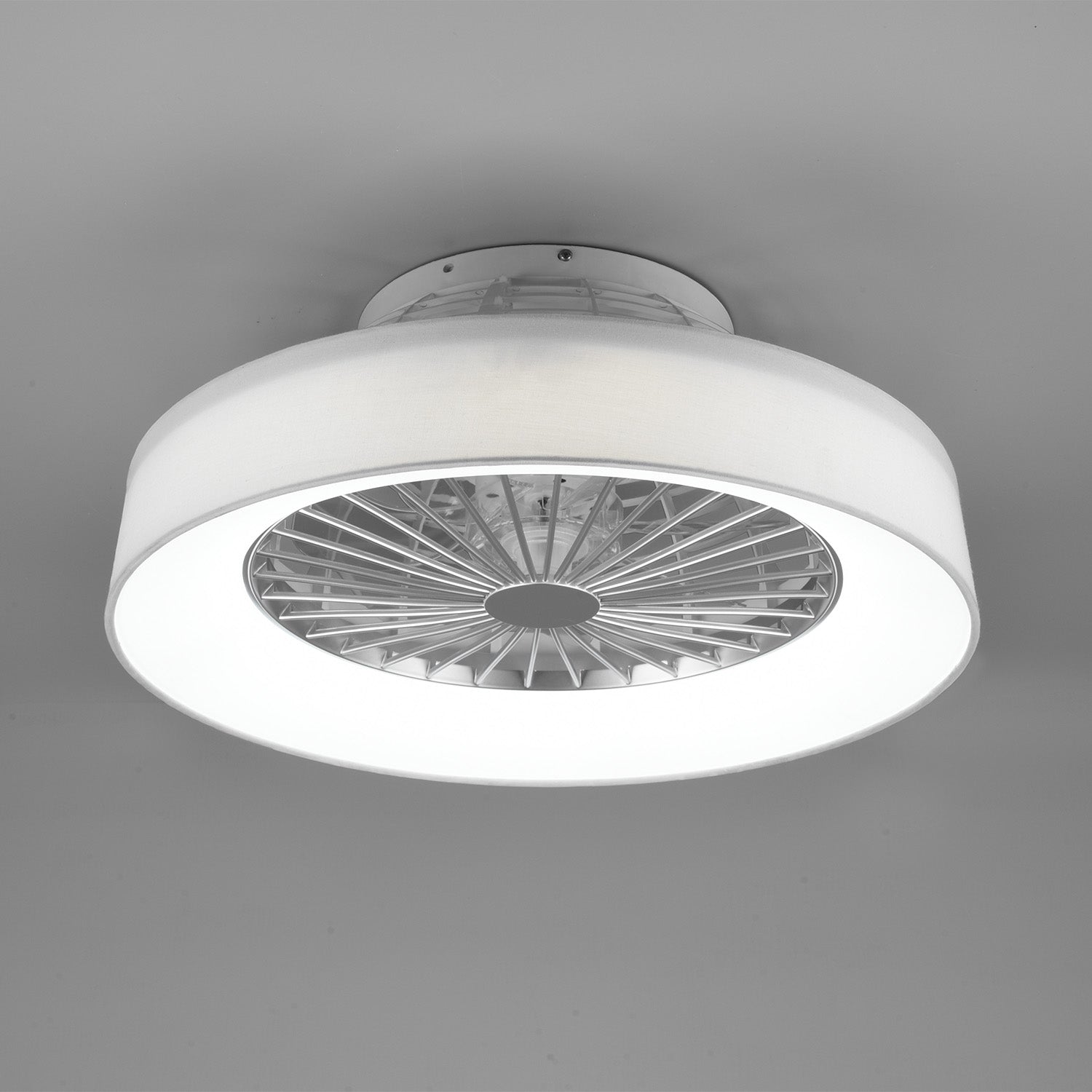 Faresund - Ventilatore e plafoniera LED Ø47 cm con bordo in tessuto bianco, telecomando, dimmer, timer, luce notturna ed effetto stelle. 3000-6500K / 3300Lm /26W