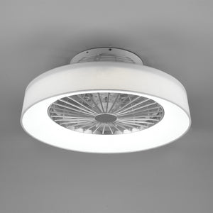 Faresund - Ventilatore e plafoniera LED Ø47 cm con bordo in tessuto bianco, telecomando, dimmer, timer, luce notturna ed effetto stelle. 3000-6500K / 3300Lm /26W