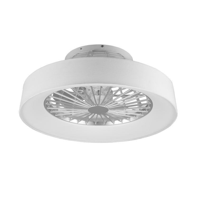 Faresund - Ventilatore e plafoniera LED Ø47 cm con bordo in tessuto bianco, telecomando, dimmer, timer, luce notturna ed effetto stelle. 3000-6500K / 3300Lm /26W