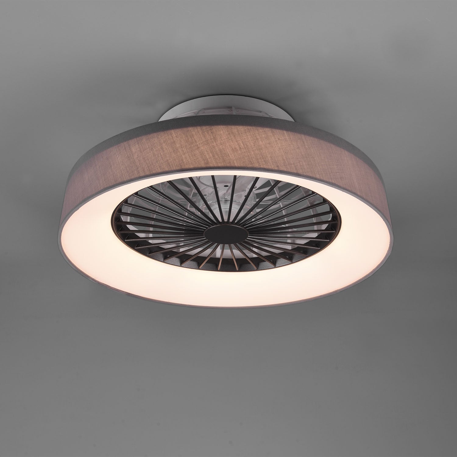 Faresund - Ventilatore e plafoniera LED Ø47 cm con bordo in tessuto grigio, telecomando, dimmer, timer, luce notturna ed effetto stelle. 3000-6500K / 3300Lm /26W