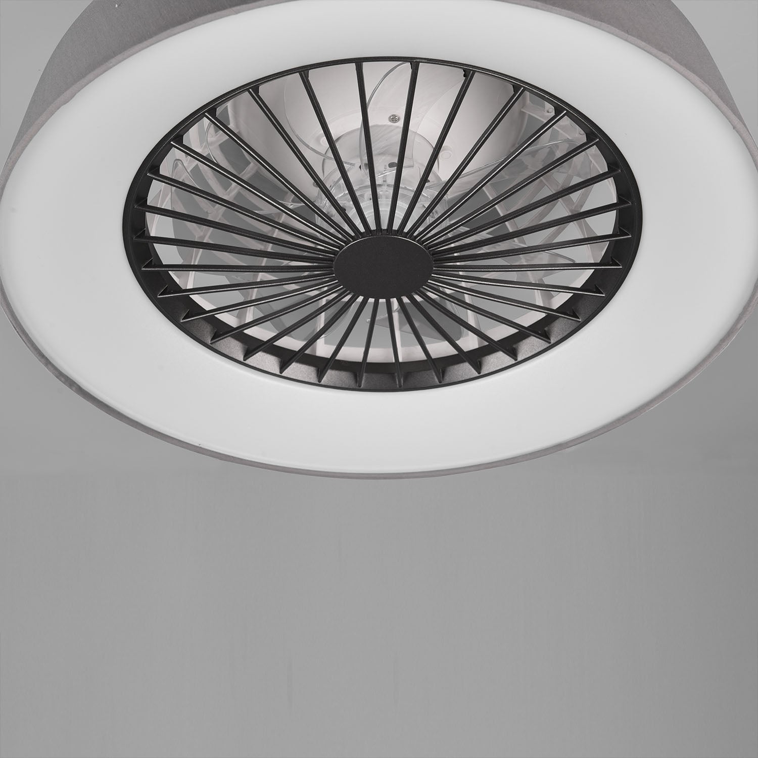 Faresund - Ventilatore e plafoniera LED Ø47 cm con bordo in tessuto grigio, telecomando, dimmer, timer, luce notturna ed effetto stelle. 3000-6500K / 3300Lm /26W