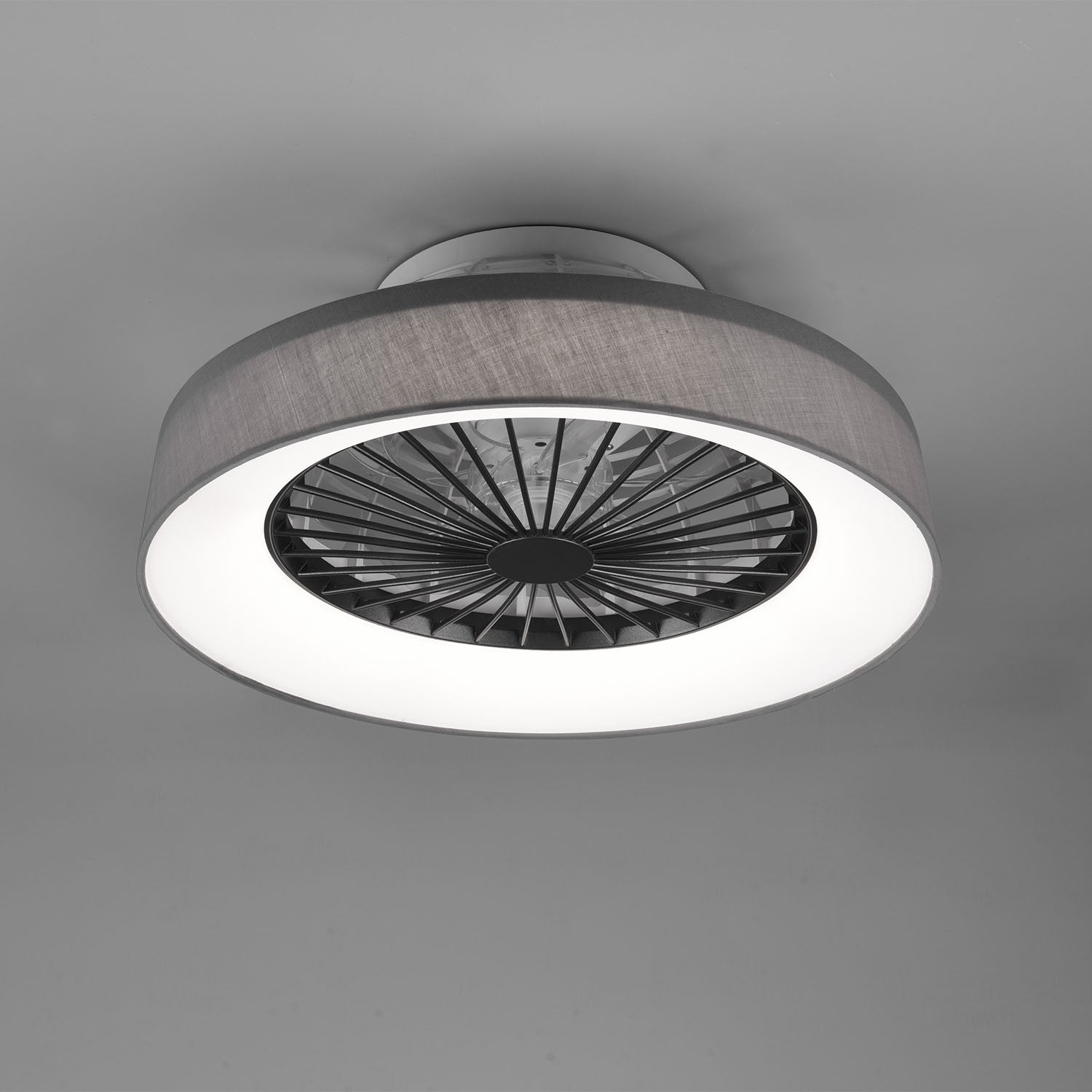 Faresund - Ventilatore e plafoniera LED Ø47 cm con bordo in tessuto grigio, telecomando, dimmer, timer, luce notturna ed effetto stelle. 3000-6500K / 3300Lm /26W