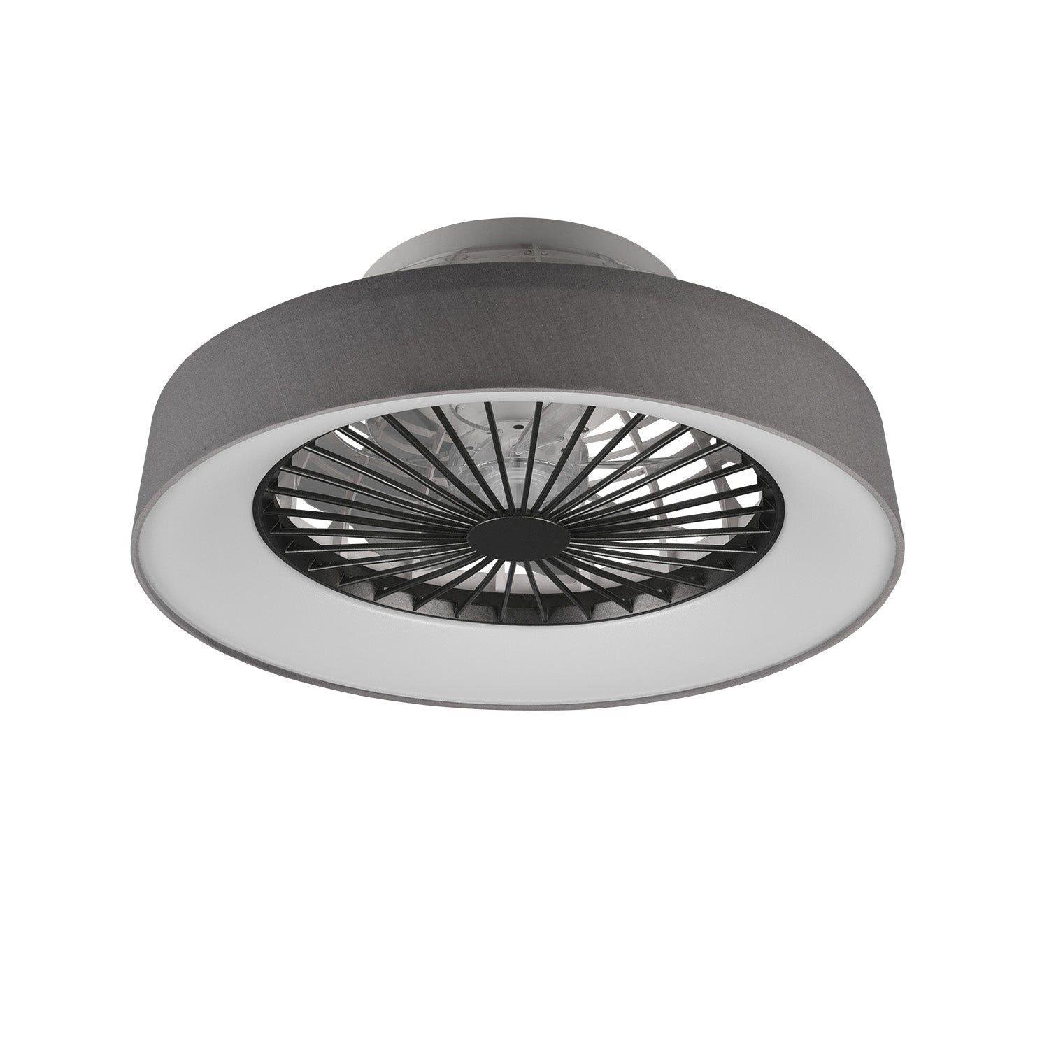 Faresund - Ventilatore e plafoniera LED Ø47 cm con bordo in tessuto grigio, telecomando, dimmer, timer, luce notturna ed effetto stelle. 3000-6500K / 3300Lm /26W