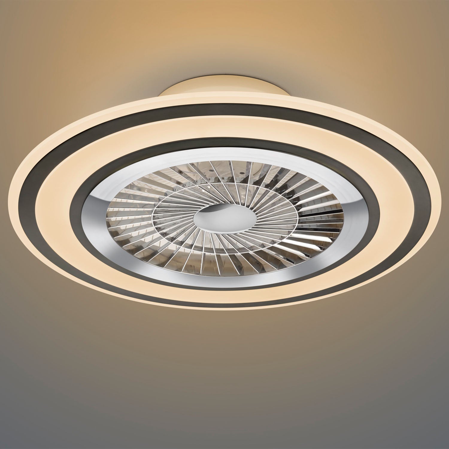 Flaga - Ventilatore e plafoniera LED Ø60 cm con bordo satinato nero, telecomando, dimmer, timer, luce notturna ed effetto stelle. 3000-6500K / 5000Lm /40W