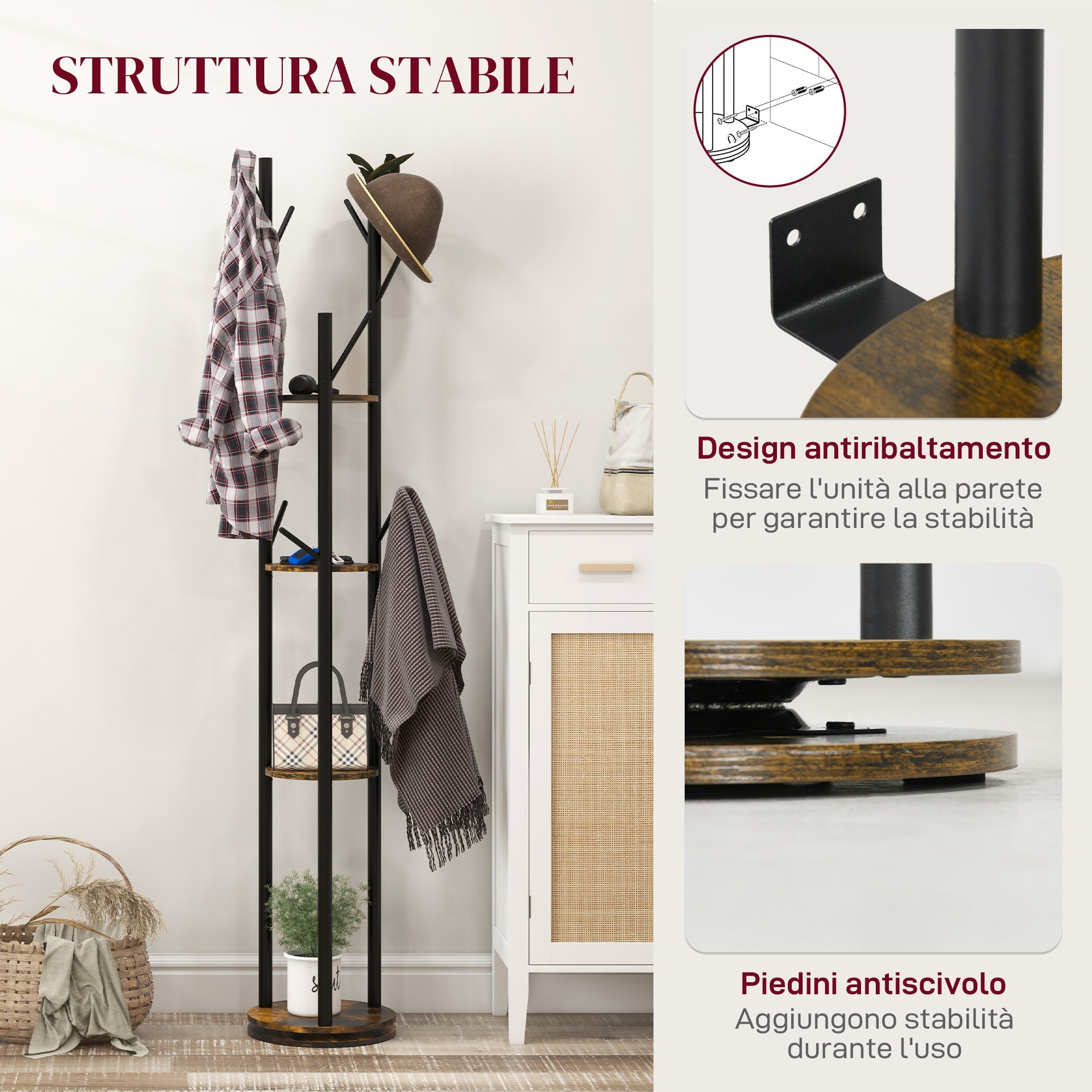 Appendiabiti da Terra 8 Ganci 4 Mensole 30x175cm in Stile Industriale Marrone