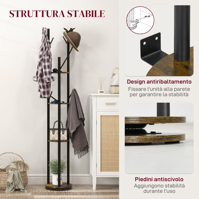 Appendiabiti da Terra 8 Ganci 4 Mensole 30x175cm in Stile Industriale Marrone