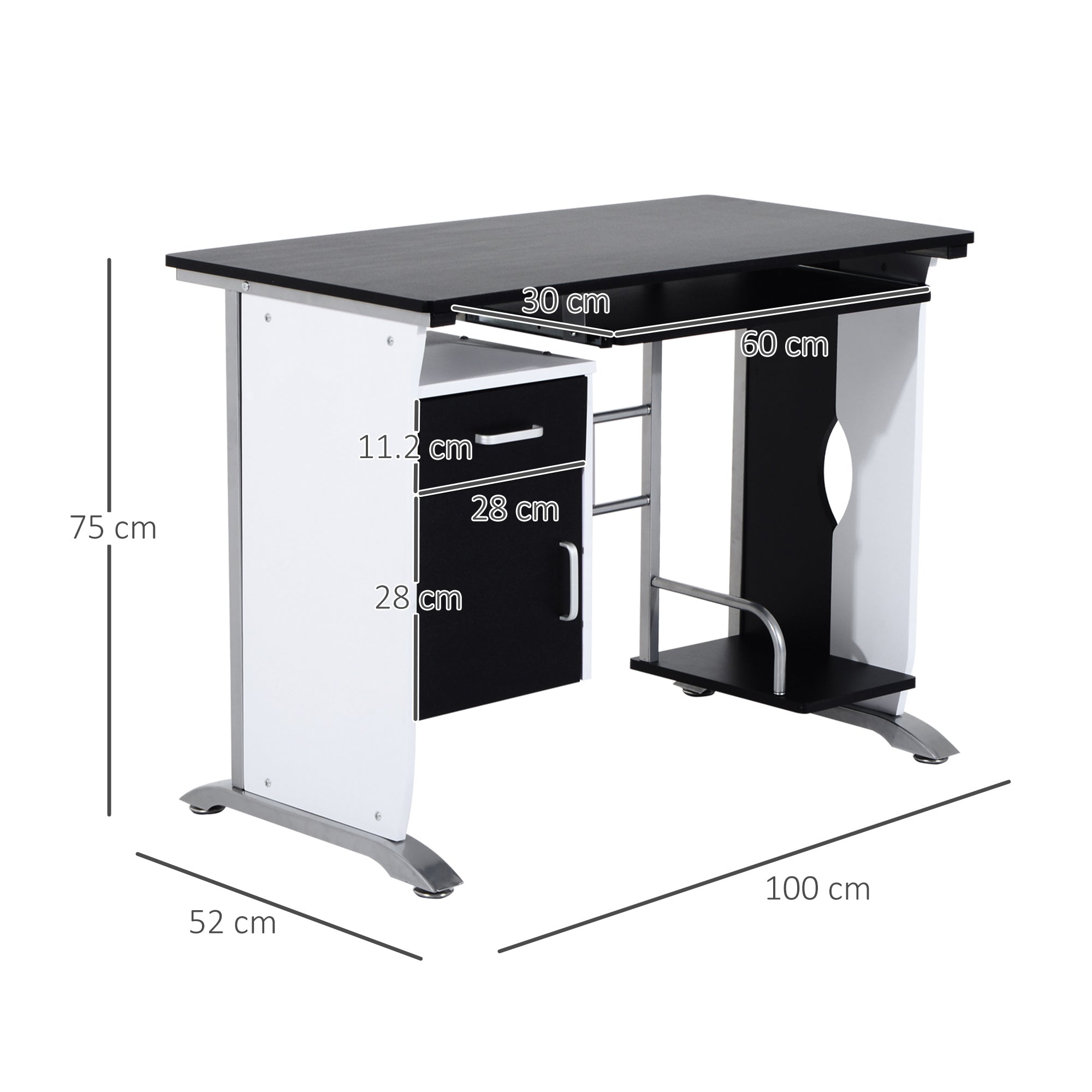 Scrivania per Computer con Ripiano Cassetto e Armadietto 100x52x75 cm in MDF e Ferro Bianca e Nera