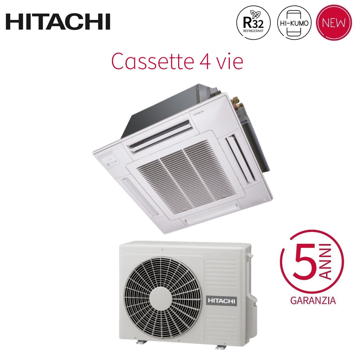 Climatizzatore Condizionatore Hitachi a Cassetta 4 Vie Inverter 18000 Btu RAI-50RPE R-32 Wi-Fi Optional con Griglia Inclusa - Novità