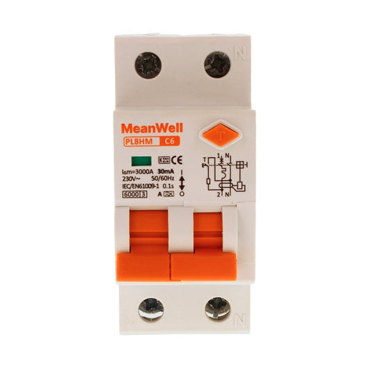 MeanWell RCBO Interruttore Magnetotermico Differenziale Tipo A Curva C 1P+N 2M 6000A 30mA C6A AC 230V IP20 IEC61009-1