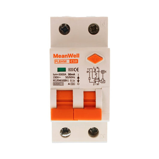 MeanWell RCBO Interruttore Magnetotermico Differenziale Tipo A Curva C 1P+N 2M 6000A 30mA C10A AC 230V IP20 IEC61009-1