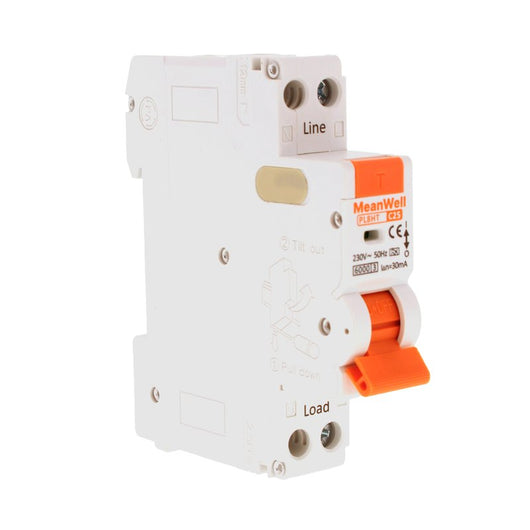 MeanWell RCBO Interruttore Magnetotermico Differenziale Tipo A Curva C 1P+N 1M 6000A 30mA C25A AC 230V IP20 IEC61009-1