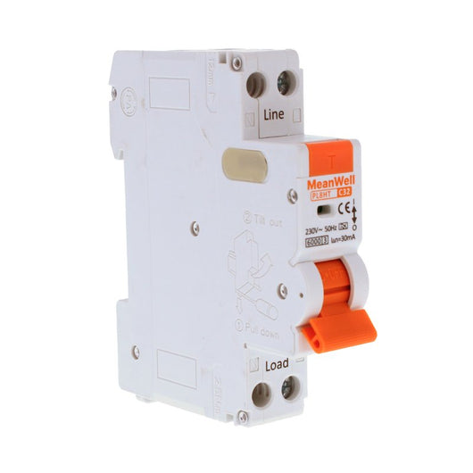 MeanWell RCBO Interruttore Magnetotermico Differenziale Tipo A Curva C 1P+N 1M 6000A 30mA C32A AC 230V IP20 IEC61009-1