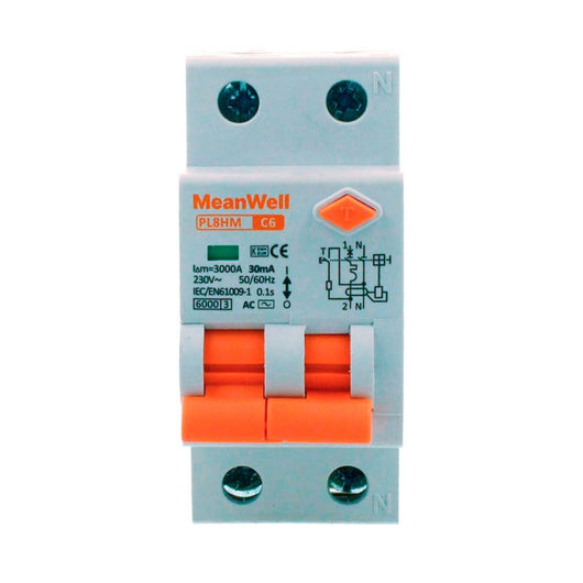 MeanWell RCBO Interruttore Magnetotermico Differenziale Tipo AC Curva C 1P+N 2M 6000A 30mA C6A AC 230V IP20 IEC61009-1