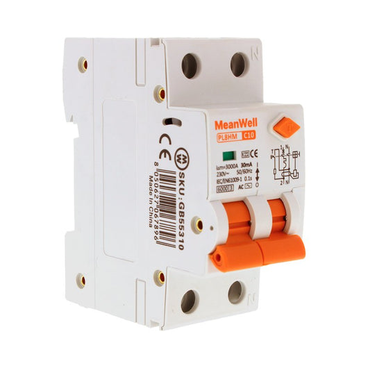 MeanWell RCBO Interruttore Magnetotermico Differenziale Tipo AC Curva C 1P+N 2M 6000A 30mA C10A AC 230V IP20 IEC61009-1