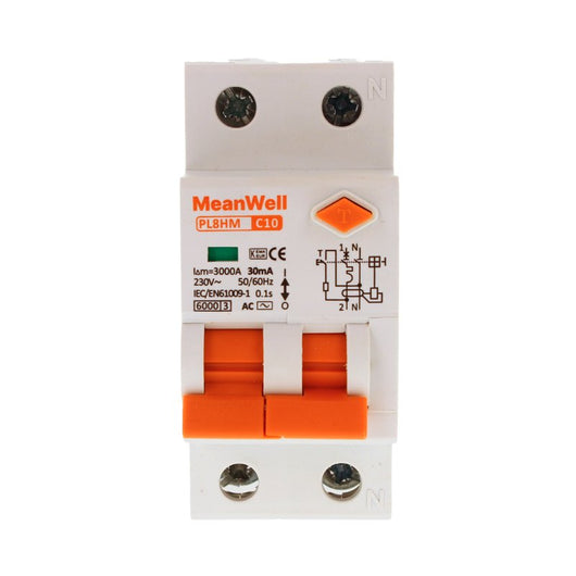 MeanWell RCBO Interruttore Magnetotermico Differenziale Tipo AC Curva C 1P+N 2M 6000A 30mA C10A AC 230V IP20 IEC61009-1