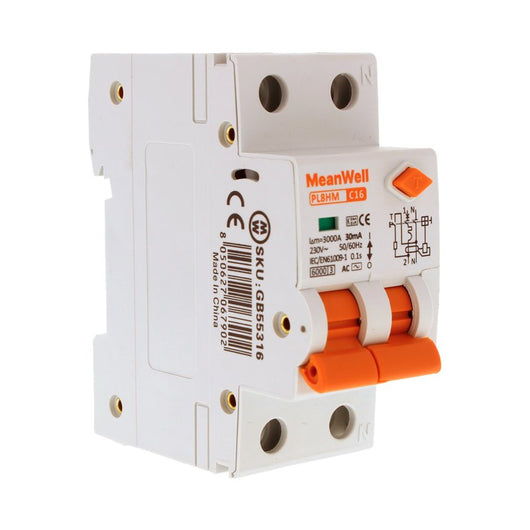 MeanWell RCBO Interruttore Magnetotermico Differenziale Tipo AC Curva C 1P+N 2M 6000A 30mA C16A AC 230V IP20 IEC61009-1