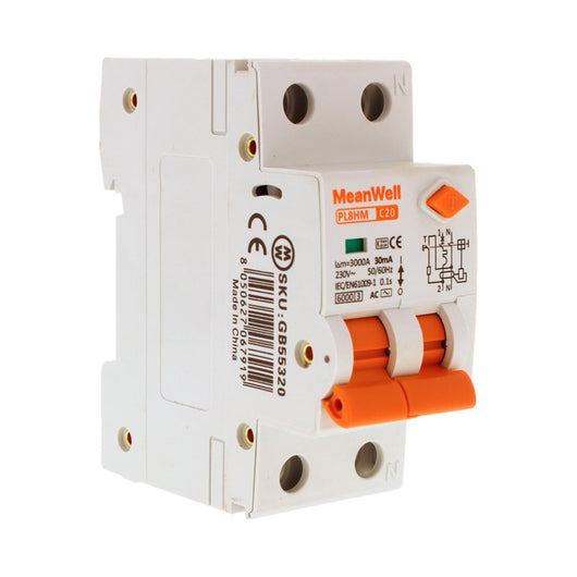 MeanWell RCBO Interruttore Magnetotermico Differenziale Tipo AC Curva C 1P+N 2M 6000A 30mA C20A AC 230V IP20 IEC61009-1