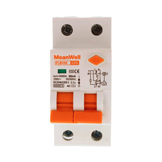 MeanWell RCBO Interruttore Magnetotermico Differenziale Tipo AC Curva C 1P+N 2M 6000A 30mA C25A AC 230V IP20 IEC61009-1