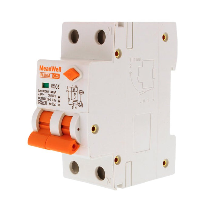 MeanWell RCBO Interruttore Magnetotermico Differenziale Tipo AC Curva C 1P+N 2M 6000A 30mA C25A AC 230V IP20 IEC61009-1