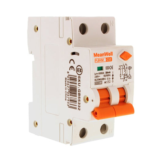 MeanWell RCBO Interruttore Magnetotermico Differenziale Tipo AC Curva C 1P+N 2M 6000A 30mA C32A AC 230V IP20 IEC61009-1